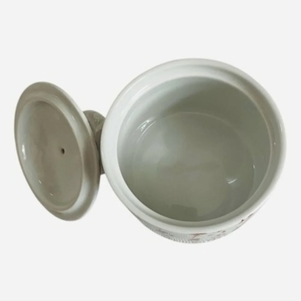 Vintage White Red Chinese Calligraphy Covered Sugar Bowl Tea Jar 3.75